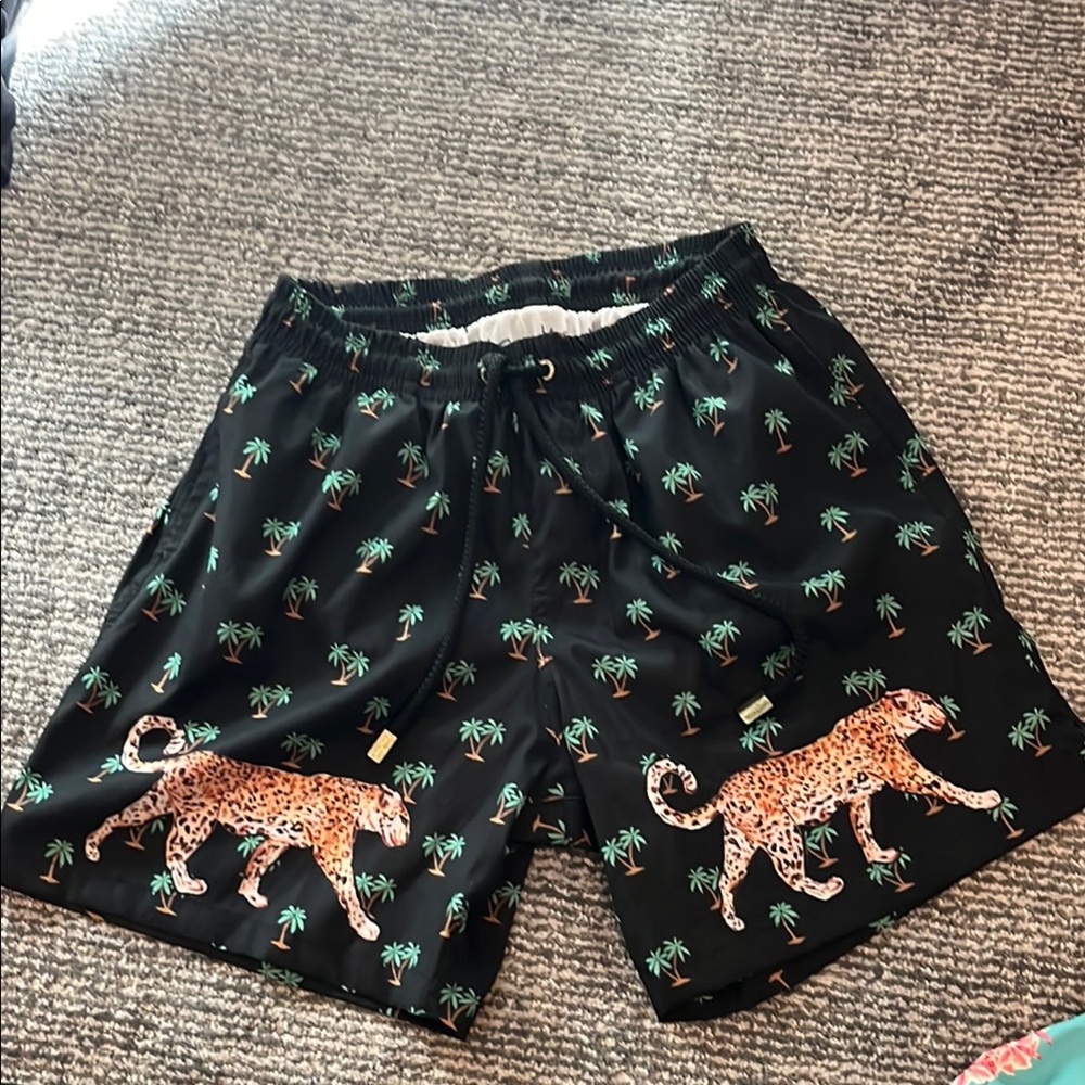 Kenny Flowers Black Shorts with Leopard and Palm Tree Print